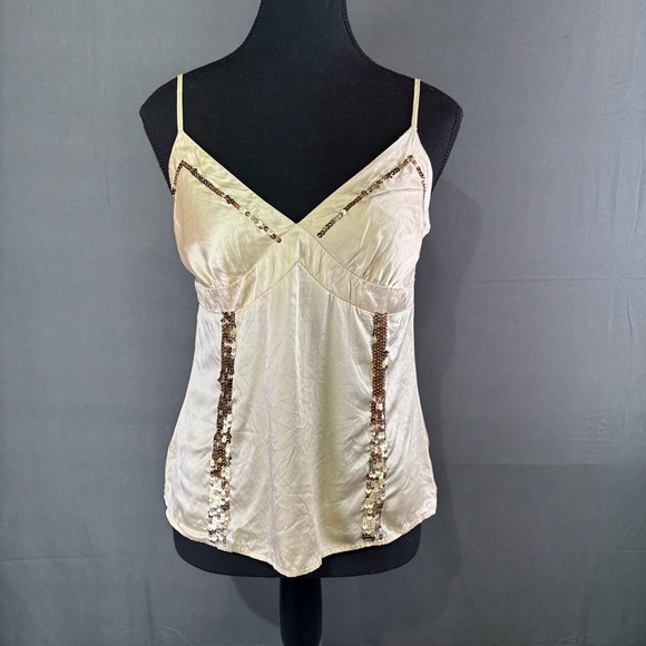 VTG Guess Tank Top Women’s M Y2K Babydoll 100% Silk Sequins Cropped Cream Gold - Picture 1 of 13